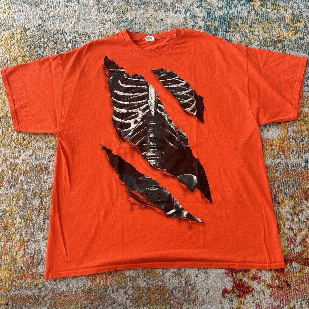 Y2K Ripped Skeleton Rib Cage Graphic T-Shirt Bright Orange Size 2XL